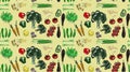Bright pattern of vegetables on a transparent, black or color background. Tomatoes, broccoli, avocado, onions, eggplant, carrots,